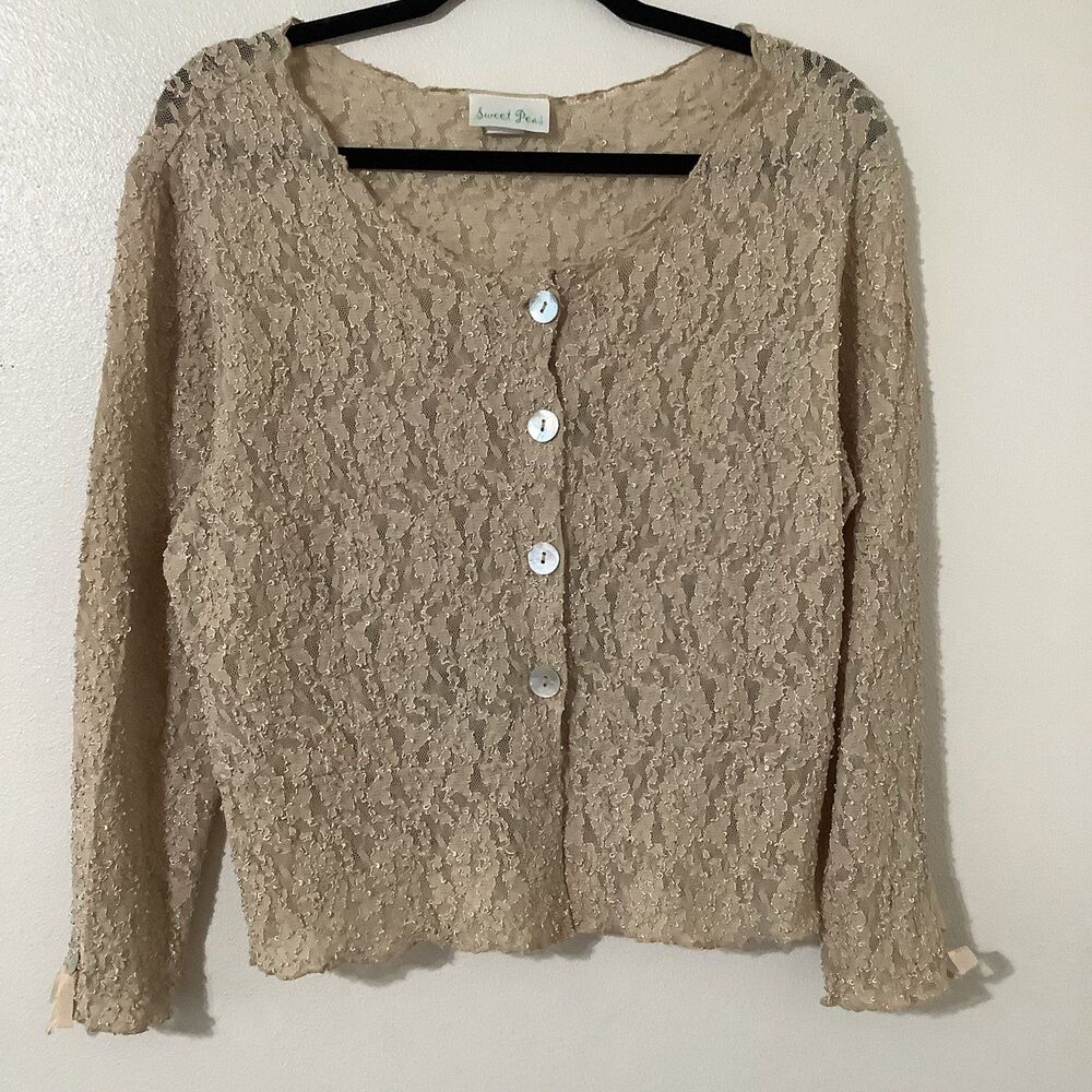 Vintage‎ Y2K Tan Lace Fairycore Cottagecore Feminine Lace Cardigan with Bows 2X